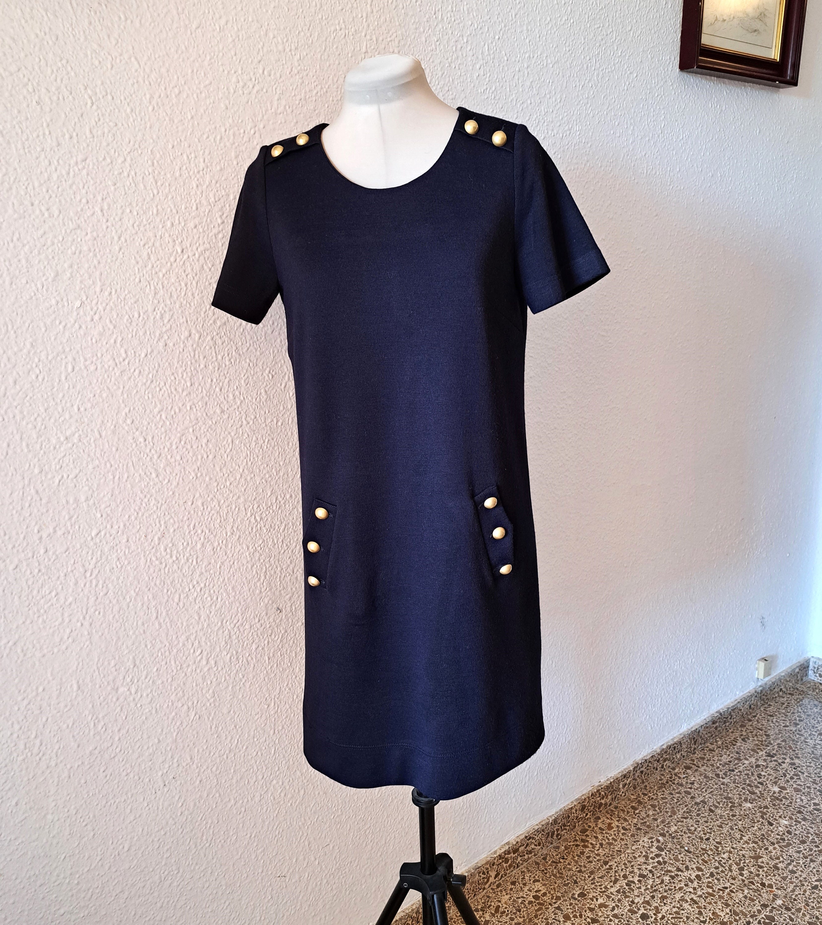 Gerard Darel Knit Dress: Navy Wool Blend with Gold Buttons, Medium Gerard Darel Knit Dress: Navy Wool Blend with Gold Buttons, Medium