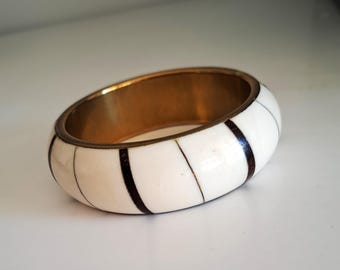 Vintage 70s Brass and Bone Wide Bracelet