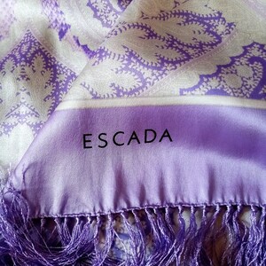 Vintage 90s Escada Long Silk Scarf, Purple White Shawl, Snake and Paisley Print Silk Wrap with Fringe image 8