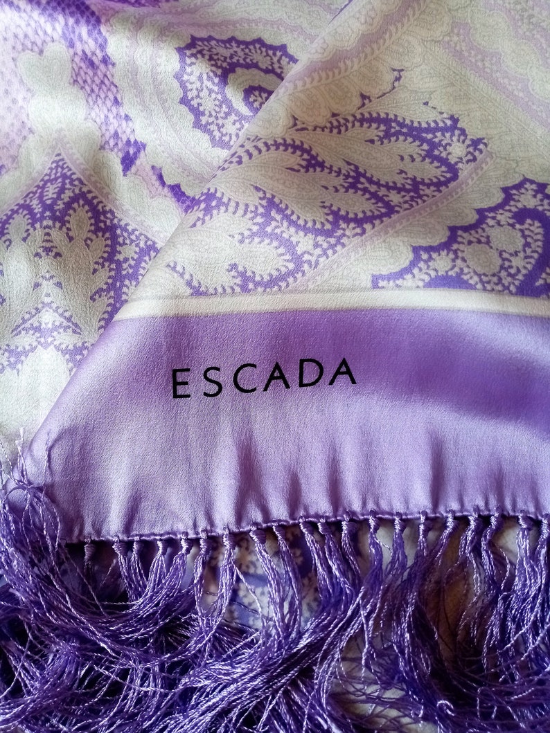 Vintage 90s Escada Long Silk Scarf, Purple White Shawl, Snake and Paisley Print Silk Wrap with Fringe image 8