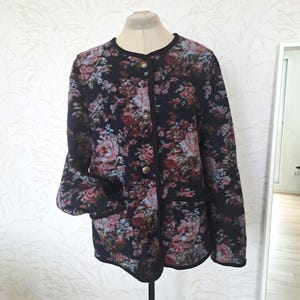 Boiled Wool Jacket Navy Blue Floral Vintage Women&#39;s Peter Hahn Boiled Wool Blend Cardigan with Pockets Large