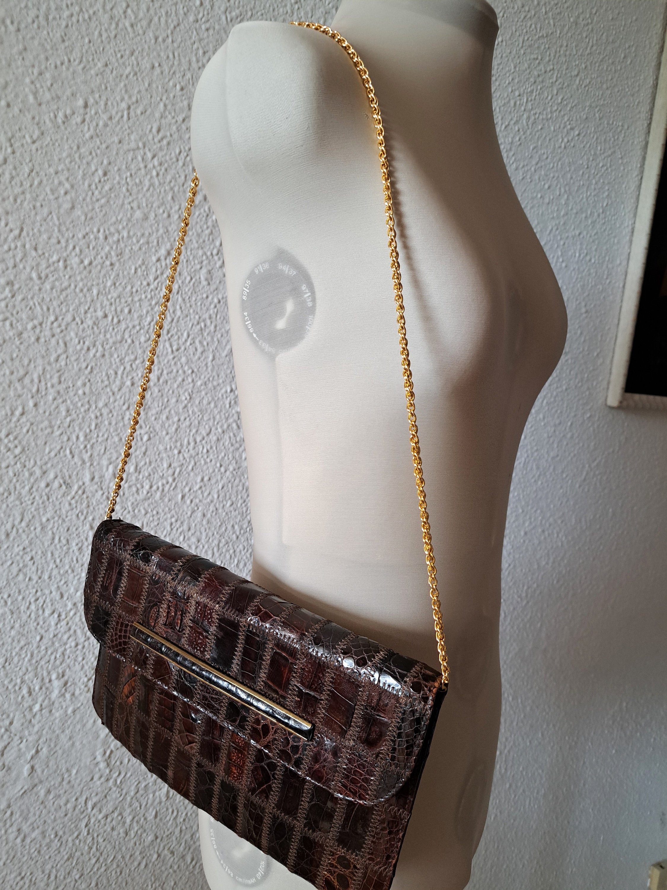 Pochette De Soirée En Cuir Croco Imitation Marron Avec Petite Pochette Serpent Verte - Occasion - Style Vintage