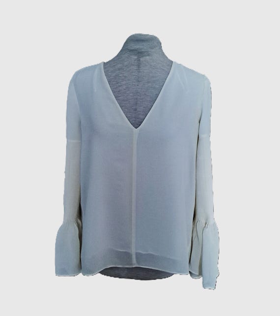 Massimo Dutti, Vintage Massimo Dutti White Silk Blouse with Pintuck Long Bell Sleeves, size M