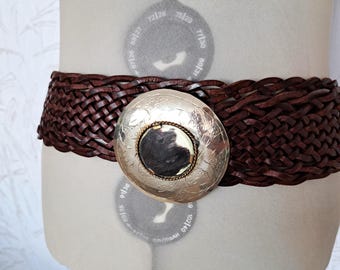 Vintage Braided Leather Belt with Metal and Bone Buckle - Boho Western Style