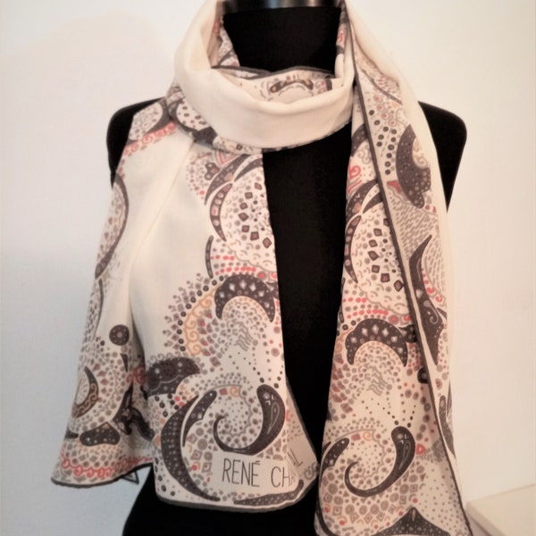 Vintage Rene Chantal Silk Scarf, Cream Gray Yellow, Abstract Scarf, French Designer Scarf, Hand Rolled, 59'' x 16'' Long
