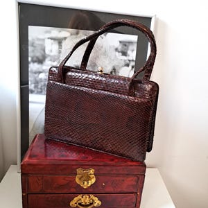 Vintage 40s Snakeskin Small Bag Brown Top Handles Handbag Women Retro Accessories