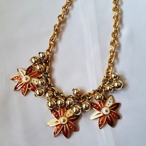 Vintage Leritz Necklace: Enamel Flowers, Gold Tone Chain - Spanish Designer