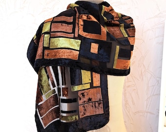 Vintage Burnout Velvet Scarf: Geometric Silk Shawl, Hand-Rolled Edges