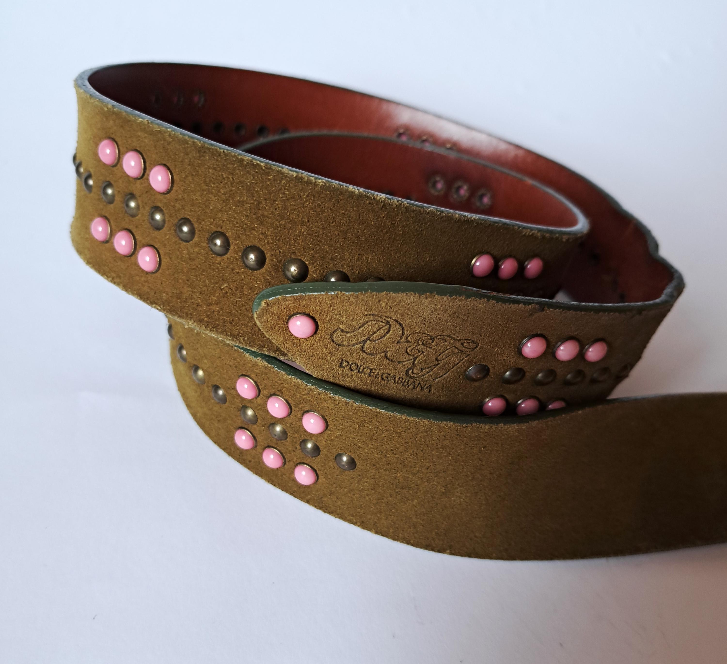 Vintage Dolce & Gabbana Green Suede Belt With Pink Metallic Studs