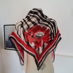 Vintage Chiffon Silk Scarf Abstract Floral Geometric Design in Black Red White Hand Rolled Square Silk Scarf