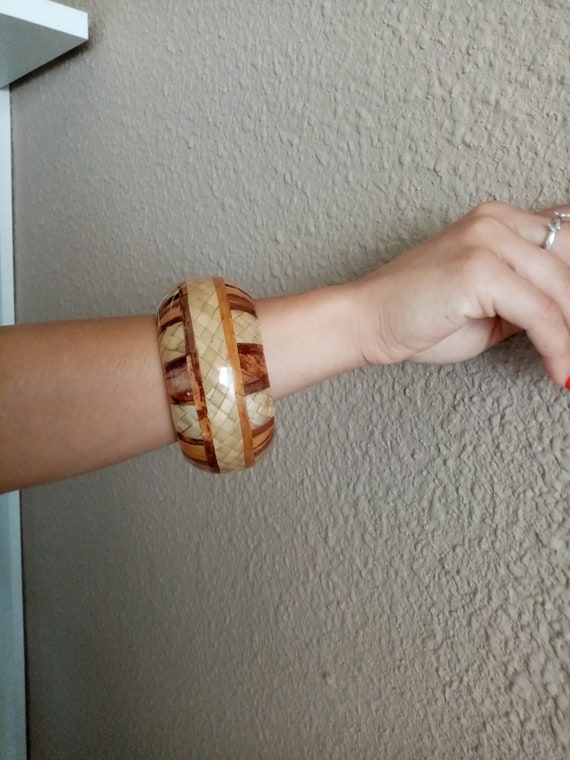 Vintage Wood Bangle, Heavy Wood Bracelet With Interwoven