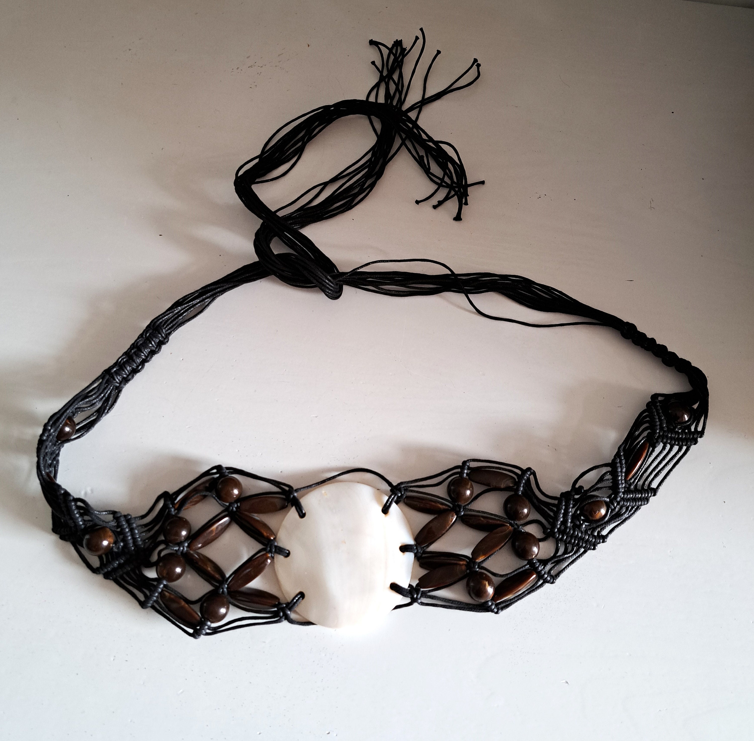 Vintage Hand Made Hipster Belt  With Mother of Pearl Shell Accent and Black Cord Vintage Mother of Pearl Shell Belt: Black Corded Boho Tie  main image 2