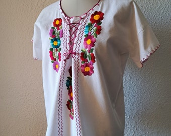 70s 80s 花柄刺繍 レース パフスリーブ 半袖 シャツ ブラウス N665 