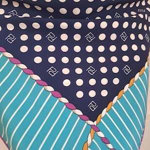 Pertegaz Silk Scarf Blue White Polka Dots Striped Logo Print Vintage Headscarf Square Retro Scarves