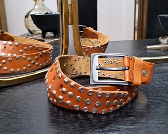 Vintage Wide Tan Brown Leather Studded Belt, 91-103 Cm, 32-34