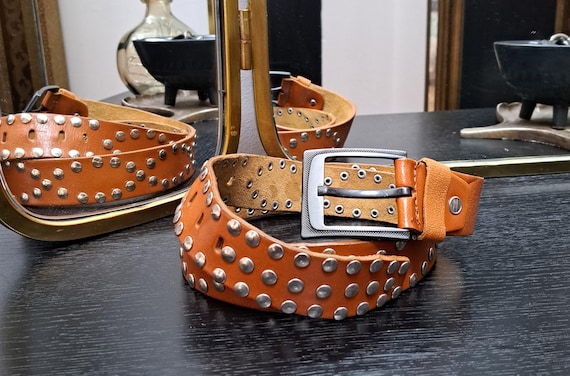 Tan Leather Metal Studded Handmade Doubled Ren Faire Rare Quality Belt 79\