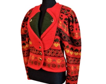 Vintage Wesenjak Tirol Wool Cardigan, Austrian Red Floral Jacquard Cardigan, Puff Sleeves Traditional  Folk Jacket, Medium Size
