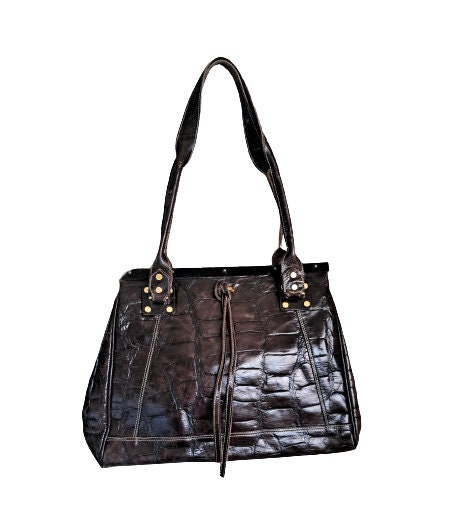 Large München Tote in Croco-Embossed Leather Black