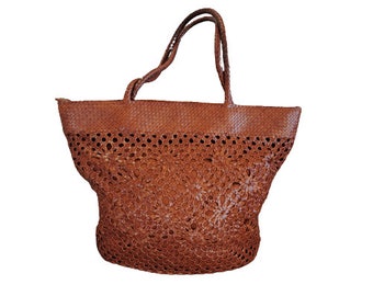 Sac panier moyen tressé vintage en cuir tressé marron