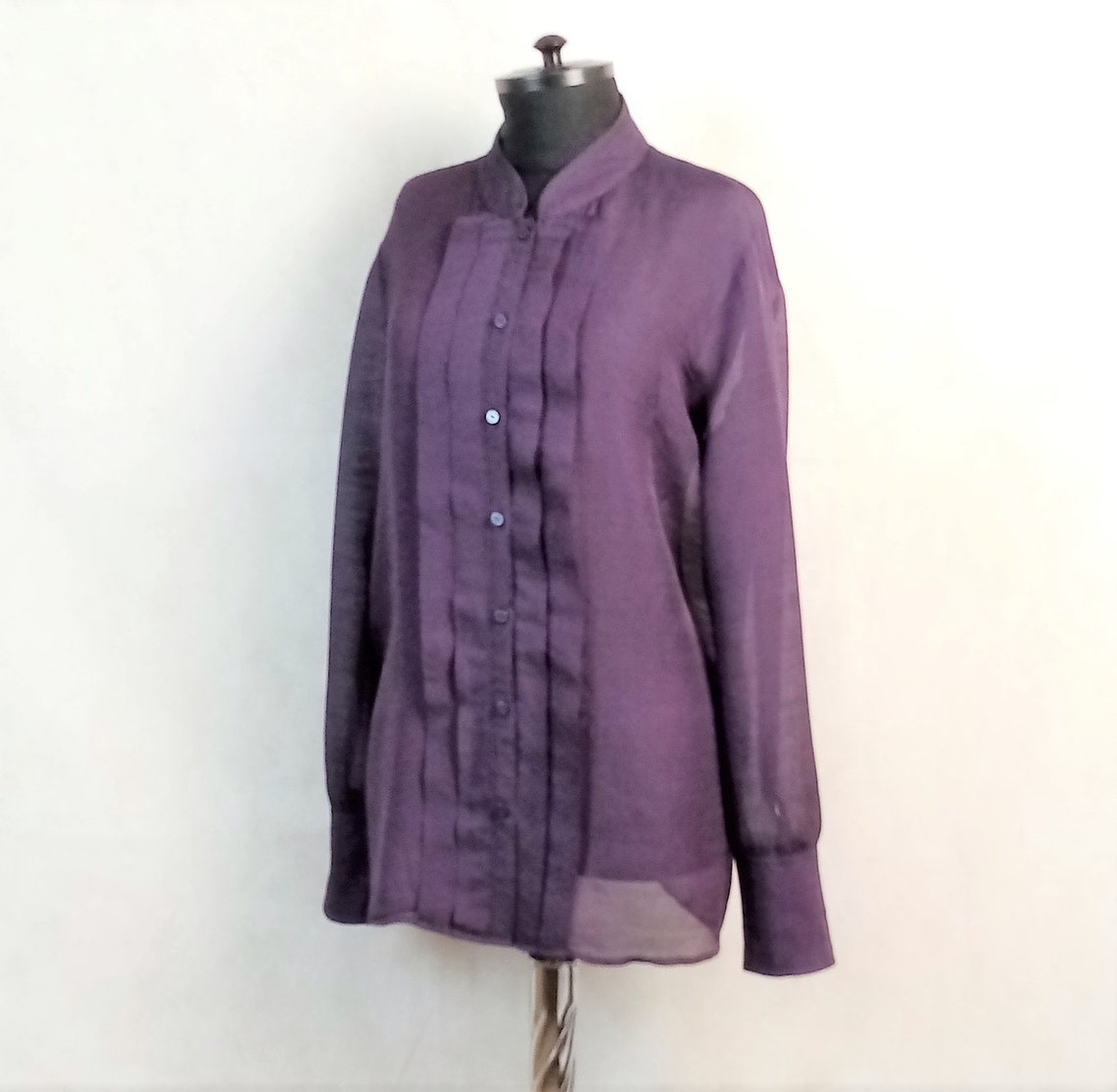 Vintage Thomas Pink Wool Silk Blouse: Purple Pleated Shirt, Size 12, photo 4 of 5