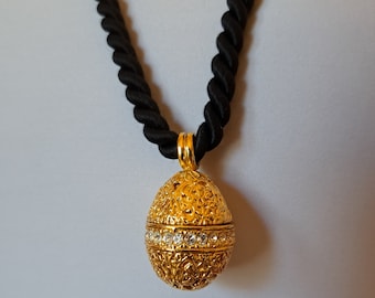Vintage Louis Féraud Bijoux Necklace: Gold Egg Pendant, Black Rope Chain