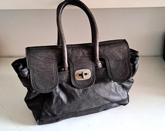 Liebeskind Berlin Classic Vintage Bag Large Black Leather Handbag Silver Tone Closure Hardware Tote Bag