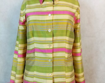 Chemise italienne en soie vintage à rayures multicolores vives, taille XL