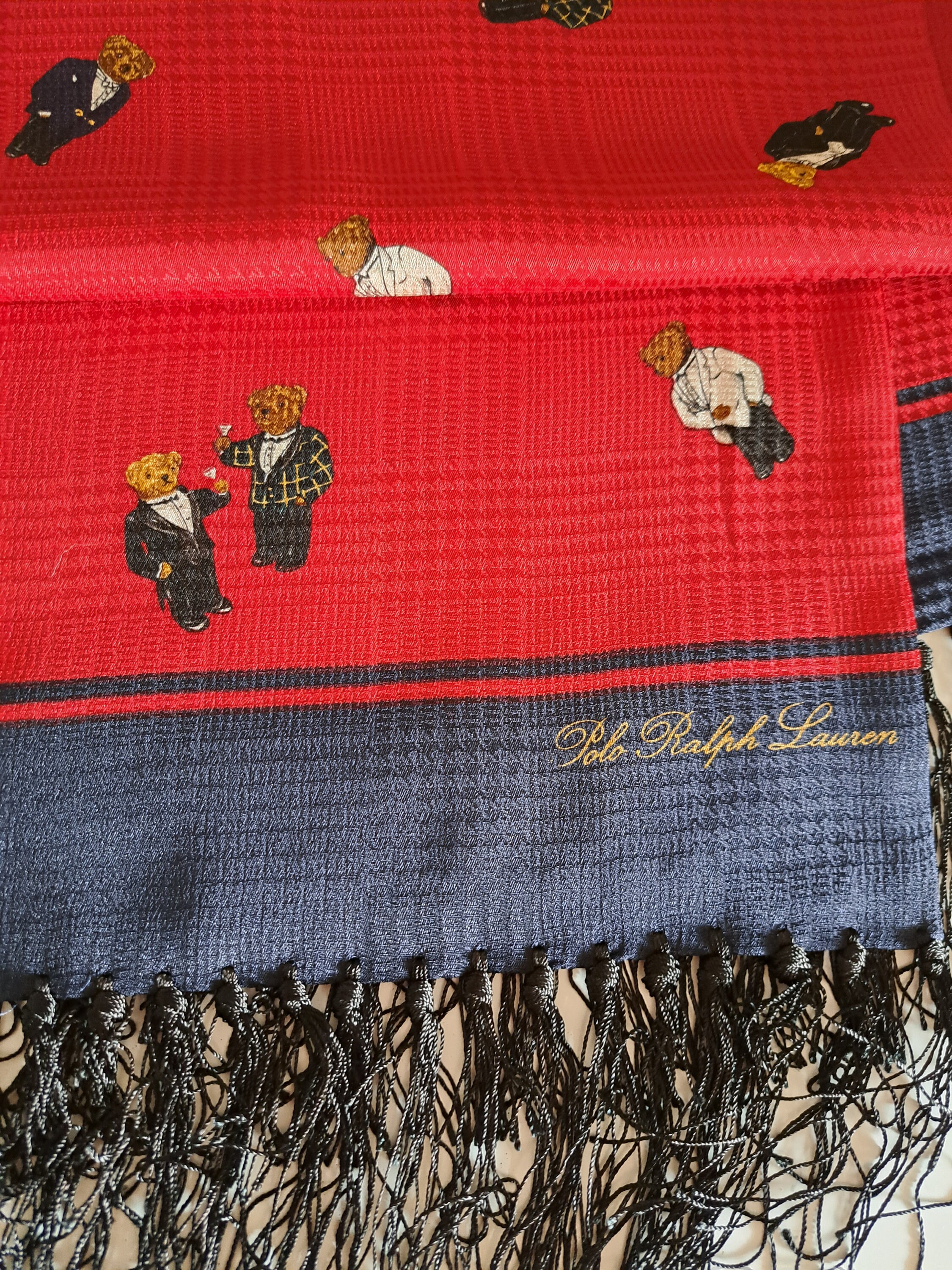 Vintage Polo Ralph Lauren Silk Scarf: Martini Bear Plaid, Fringed
