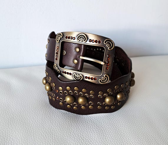 Vintage Vera Pelle Brown Leather Belt: Wide Studded  display picture 1