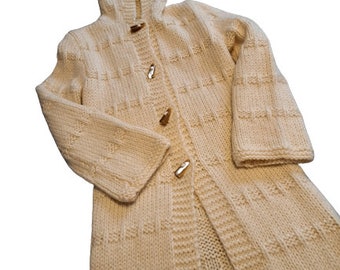 Hand Knitted Coat White Wool  Knit Coat Vintage 70s Knit Long Cardigan Hooded Coat, Medium