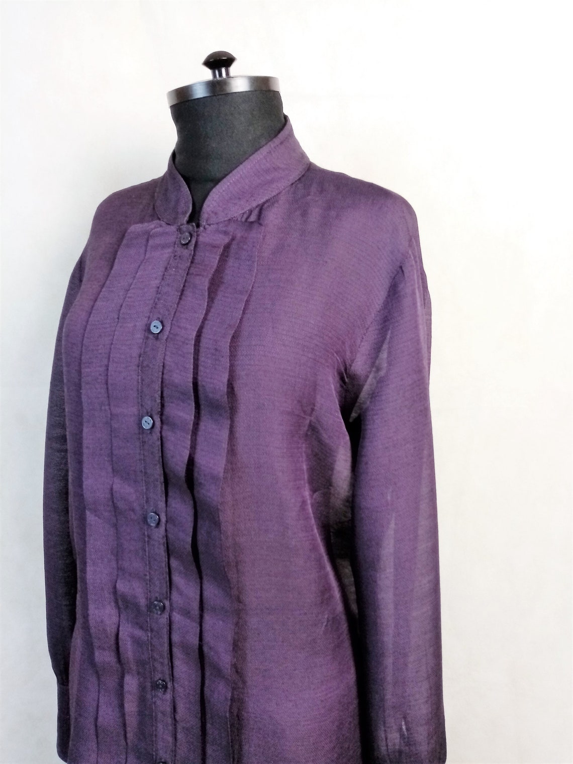 Vintage Thomas Pink Wool Silk Blouse: Purple Pleated Shirt, Size 12, photo 2 of 5