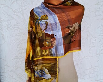 Vintage Guy Laroche Silk Large Scarf: Yellow Brown Floral Print (174 x 53 cm)