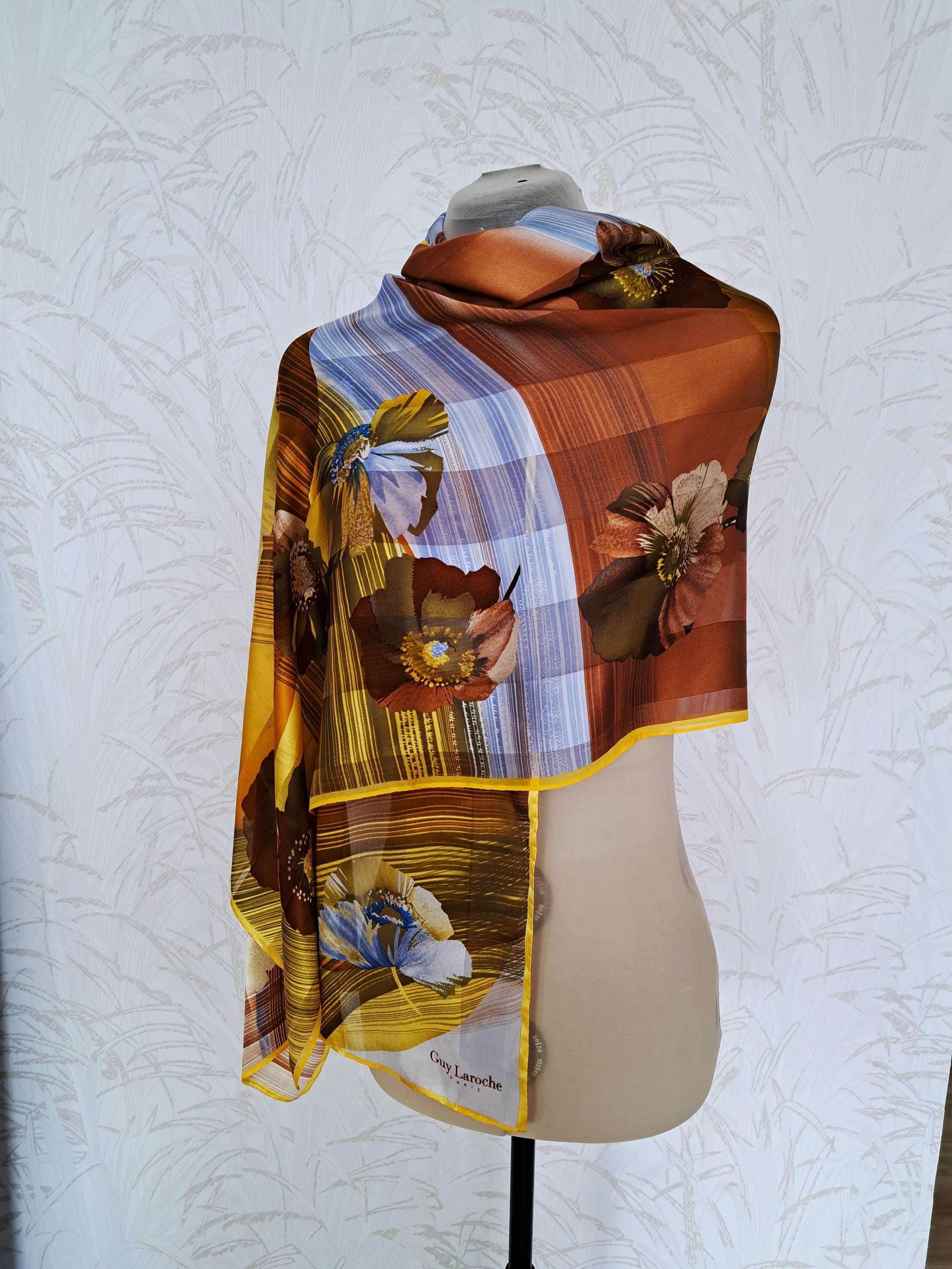 Guy Laroche Paris Large Silk Scarf, Yellow Brown Floral Printed Scarf, Satin Chiffon Silk Long Scarf