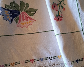 Antique Hand Embroidered Linen Tablecloth: Floral Cross Stitch & Crochet Lace
