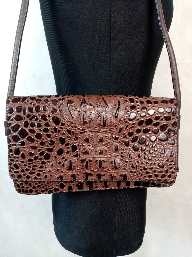 Croc Embossed Handbag, Genuine Cow Leather Purse, Brown Small Shoulder Bag, Made in India image 6