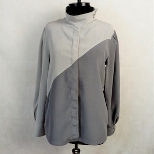Vintage 90s Louis Feraud Paris Silk Blouse, Gray Color- Block Button Down Silk Shirt, Hign Collar Long Sleeve Blouse, Size 38