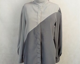 Vintage 90s Louis Feraud Silk Blouse: Color Block High Collar, Size 38