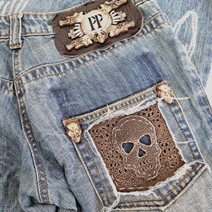 Philipp Plein Blue Jeans Straight Leg Skulls Jeans Vintage Made in Switzerland, Size 27
