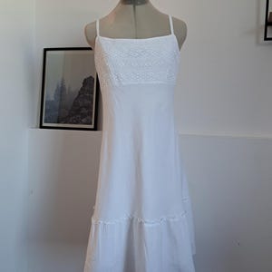 White Ibiza Slip Dress Tiered Lace Trim Dress Below Knee Lenght Cotton Dress Retro Bohemian Dress, Size M