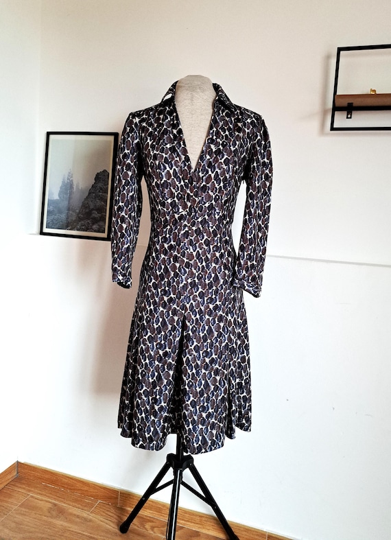 tara jarmon silk dress STAR-PRINT SILK Dress, Tara Jarmon, Navy-blue, Draped Front, 3/4 Sleeved Luxury Dress With Frills on the Cuffs