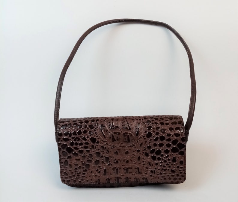 Croc Embossed Handbag, Genuine Cow Leather Purse, Brown Small Shoulder Bag, Made in India image 1
