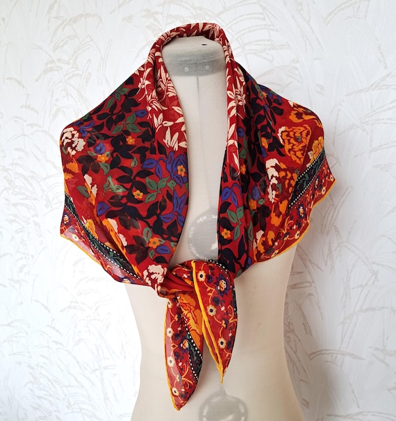 Vintage Multicolor Floral Sheer Silk Scarf Retro Fashion  display picture 1