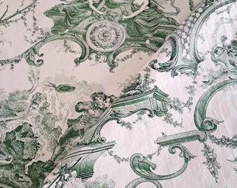 Vintage Paule Marrot Toile de Jouy Tyg: French Country Green Cotton (229 x 165 cm)