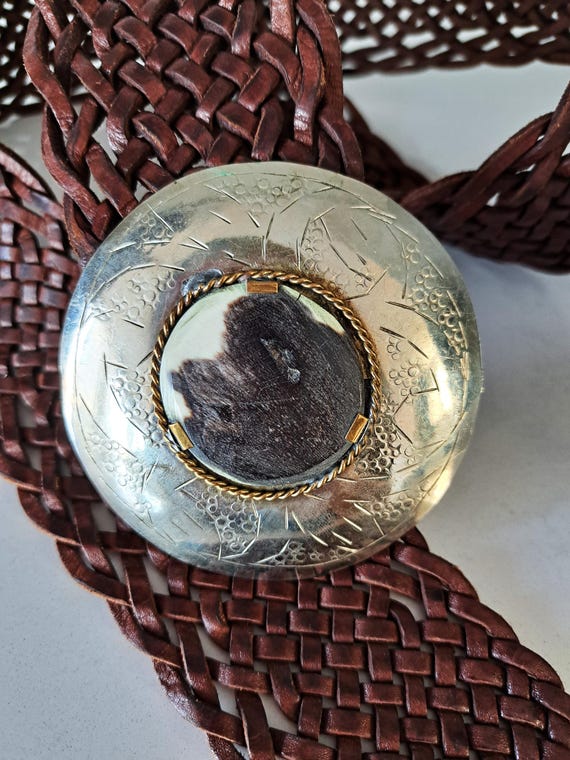 Buy Vintage Braided Leather Belt With Metal and Bone Buckle  display picture 2
