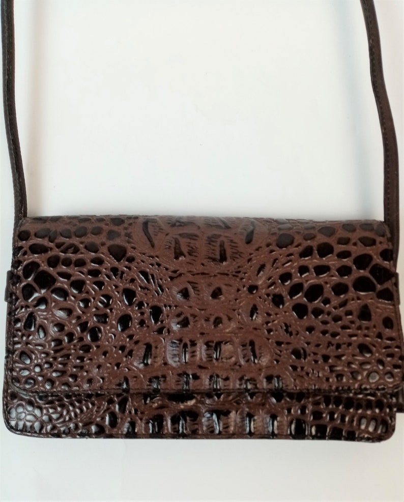 Croc Embossed Handbag, Genuine Cow Leather Purse, Brown Small Shoulder Bag, Made in India image 2