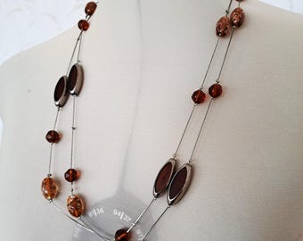 Vintage Long Necklace with Brown Glass Beads and Silver Accents, Retro Long Statement Jewelry