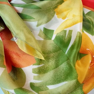 Vintage Yellow Green Orange Flowers Printed Silk Scarf, Toccare Square Silk Scarf image 5