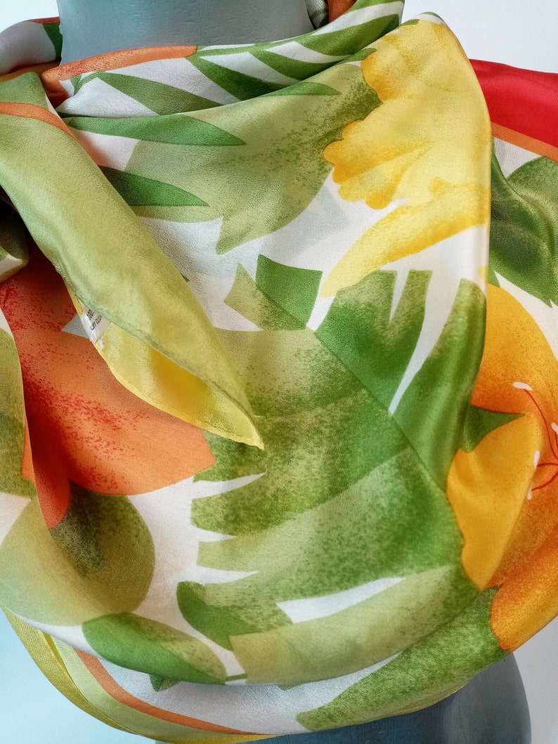 Vintage Yellow Green Orange Flowers Printed Silk Scarf, Toccare Square Silk Scarf image 5