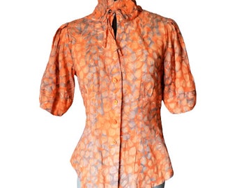 Adolfo Dominguez Women's Blouse, High Ruffle Collar Top, Orange Gray Floral Top, Ruffled Sleeves Shirt, Cotton Fitted Blouse