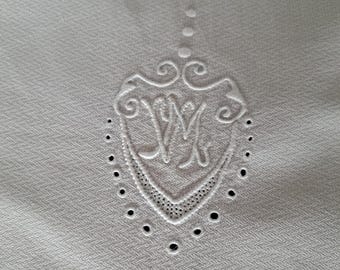 Antique Handmade White Linen Curtain Panel Embroidery and Monogram VM